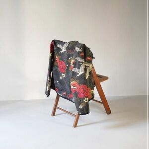 Chicos Sz 2 Oriental Jacket Floral Crane  Artsy Chic Japanese Cotton Kimono